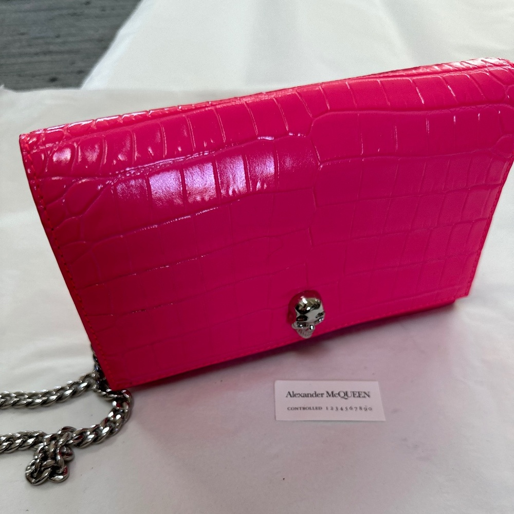 ALEXANDER MCQUEEN Skull Mini Embellished Neon Croc-Effect Leather Shoulder Bag